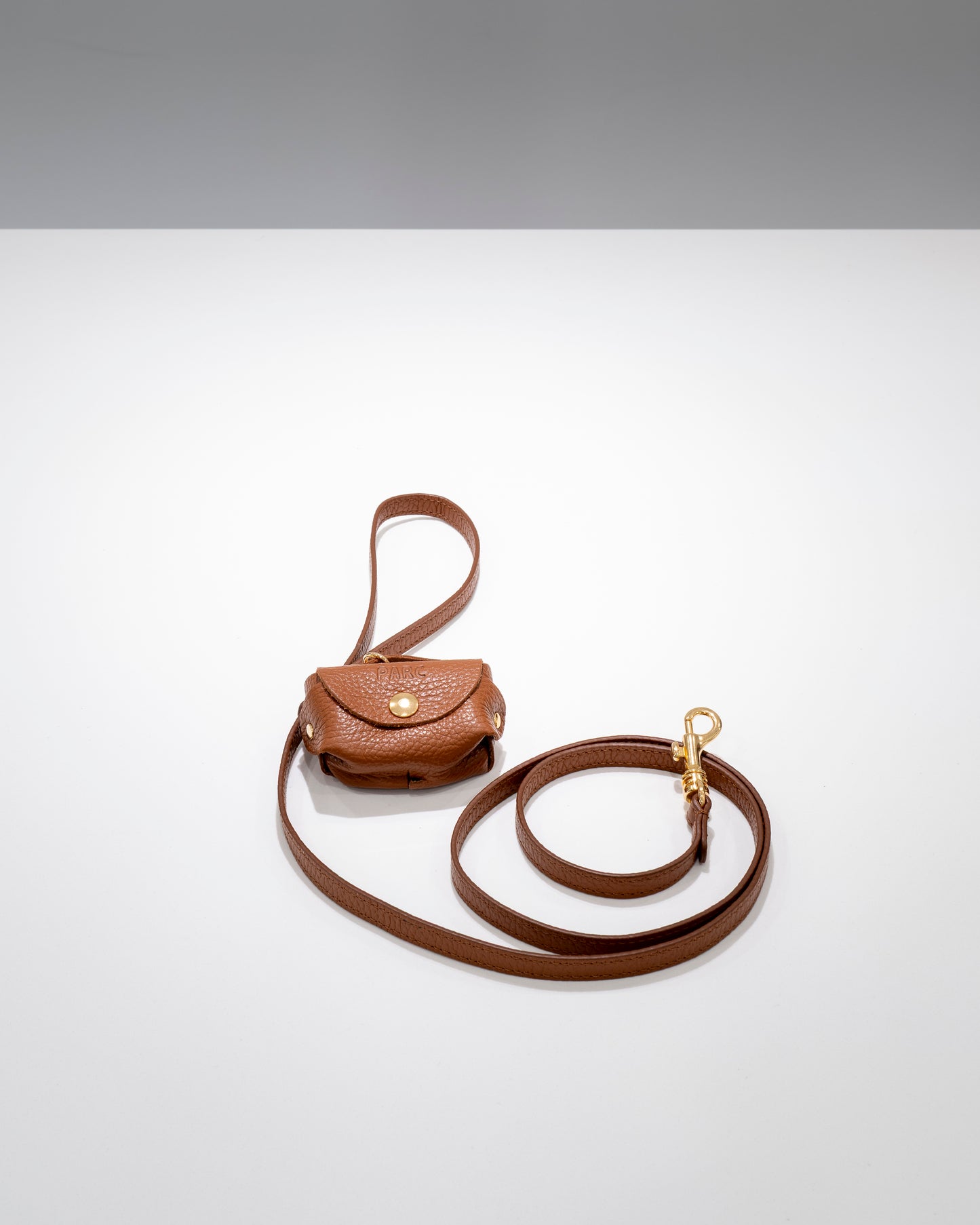 Brown leather leash with poop dispenser